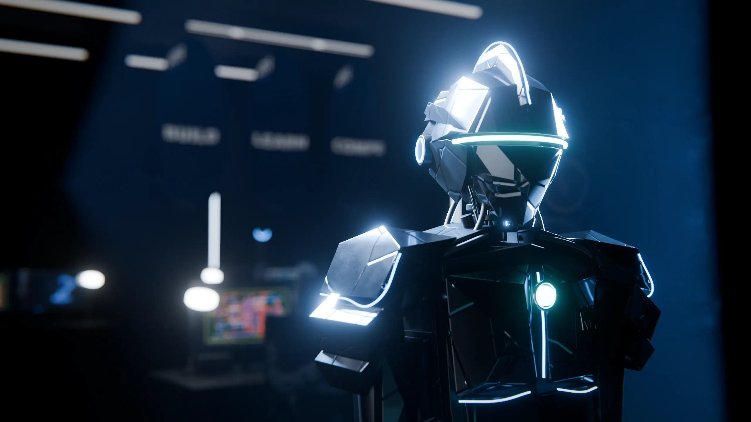 RH-01, a faceted black armoured humanoid robot with a glowing visor, in the dark BuildX HUE lab while students work at their stations behind it.